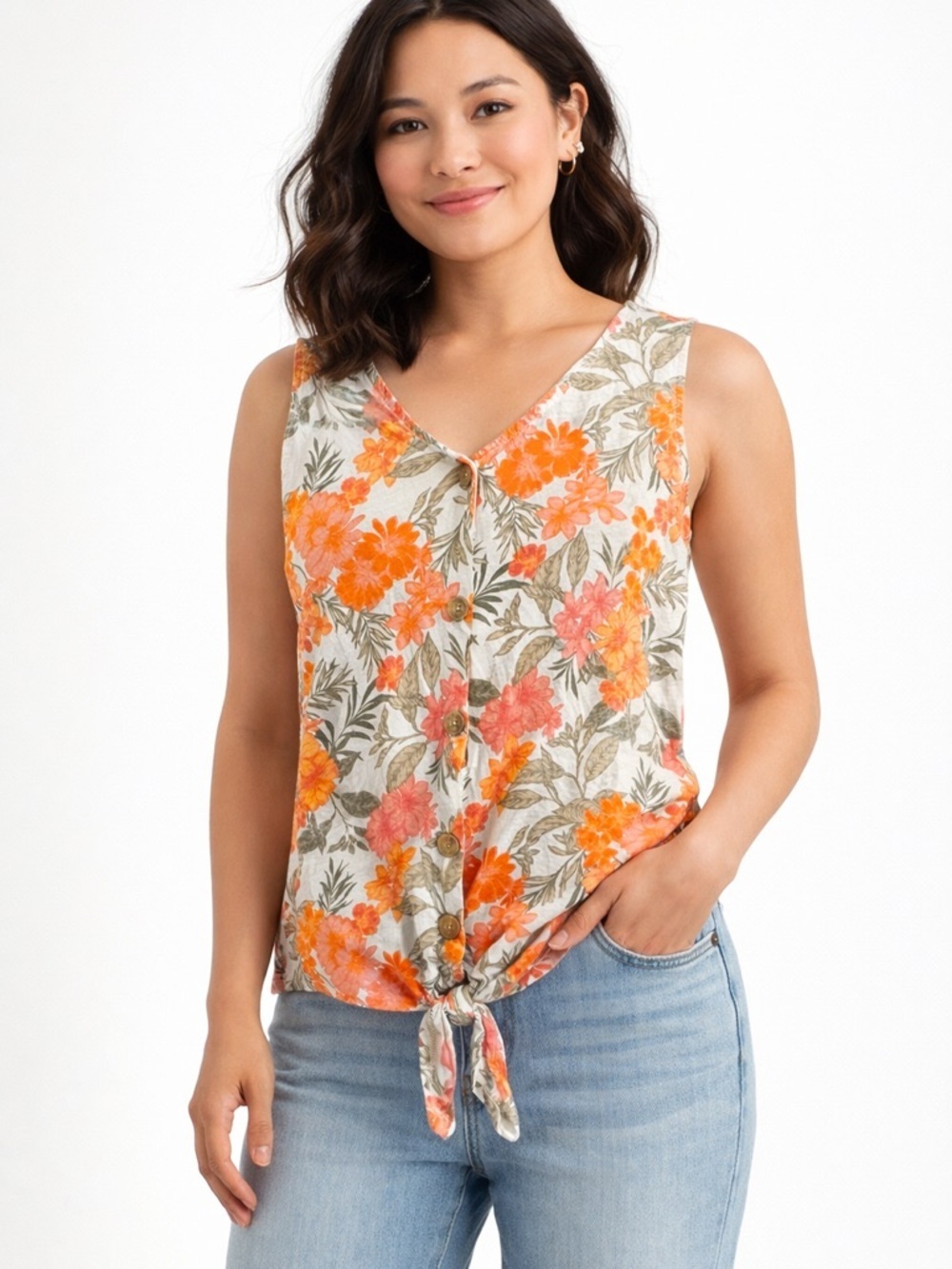 LOFT Outlet Petite Floral Tie Front Tank Top Button Front Summer Blouse